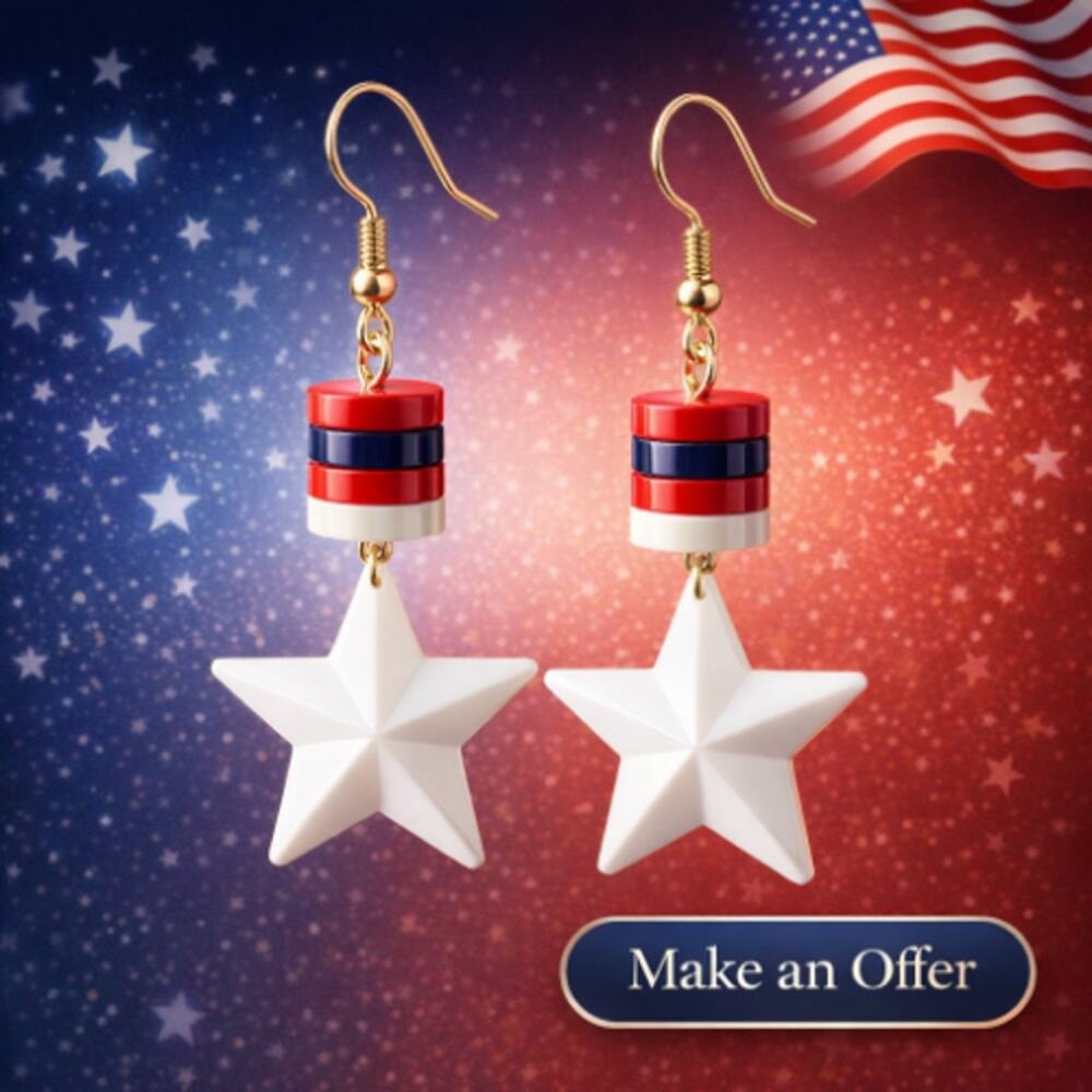 Vtg Park Lane Patriotic Star Dangle Earrings- Red White Blue 80's USA Style NEW